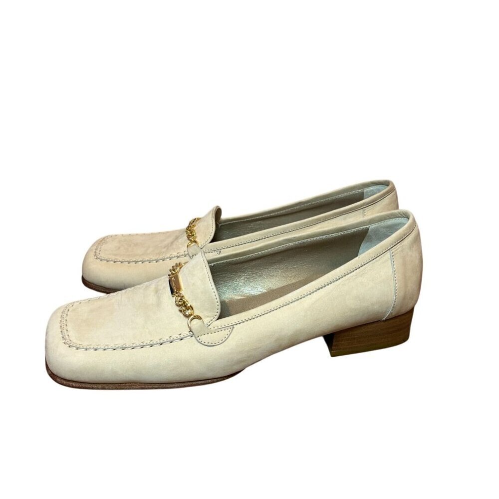 Y2K Vintage 90s St. John Womens Cream Leather Loafers With Gold Chain Detail 7